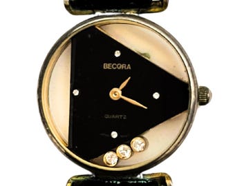 Manhattan Croton Gold Dial with Black Strap Watch and original case Vintage Manhattan Croton Watch Set Crystal Accents 4 Leather  main image 3