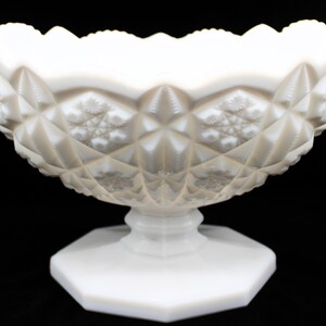 May include: A white milk glass pedestal bowl with a diamond pattern and a scalloped edge.