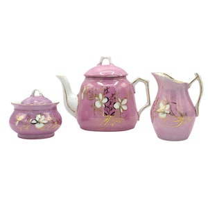 Vintage Ceramic Children&#39;s Pink Teapot Set: Pink Floral Design | Gold Trim | Hand Painted | Covered Teapot | Sugar Bowl | Creamer