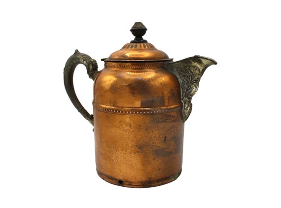 Antique Copper Tea Kettle Pot With Stamped Lid, Cottage Core, 