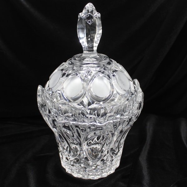 Vintage Tall Heavy Cut Lead Crystal Covered Candy Dish: Frosted Glass Medallion Design | Steeple Finial | Glass Cookie Jar | Elegant Decor