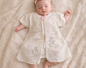 Vintage Embroidered Baby Robe: Little Lamb Floral Design | Flannel Bed Jacket | Retro Photo Prop | Cozy Babywear | Unique Handmade Clothing