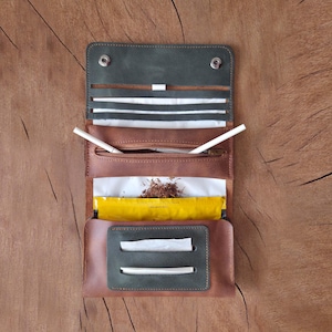 Pode incluir: Bolsa de tabaco de couro aberta em tons de castanho e verde, com um bolso com zíper, vários compartimentos e um fecho de pressão. A bolsa contém tabaco, papel de enrolar e dois cigarros. O fundo é uma superfície de madeira.