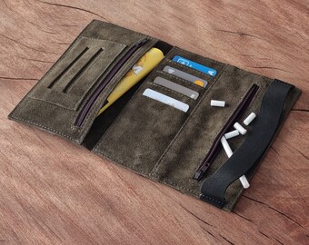 Funda de Tabaco de Ante Verde Khaki con Tarjetero | Estuche Hecho a Mano | Para 25g & 50g
