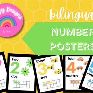 Pósteres bilingües con marcos de números diez en colores del arcoíris, en dos idiomas, decoración del aula, descarga en PDF