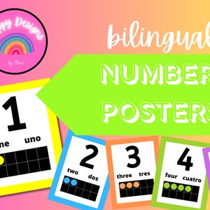Bilingual Number Posters in Rainbow Colors, Dual-Language Classroom Decor, PDF Downloads
