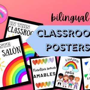 Bilingual Classroom Posters, Rainbow Theme, PDF Download