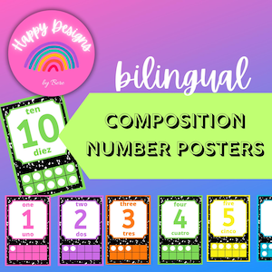 May include: Colorful bilingual number posters with the numbers one through ten, each with a corresponding number of dots. The posters are in English and Spanish. The text "Happy Designs" and a rainbow are in a pink circle.