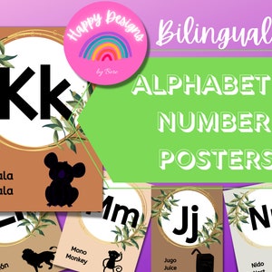 Alfabeto bilingue e numeri in colori neutri con verde, aula bilingue, download PDF