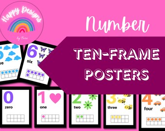 May include: Ten-frame posters for numbers zero through six. Each poster features a colorful number, a ten-frame, and a visual representation of the number. The posters are designed for use in a classroom or home learning environment.