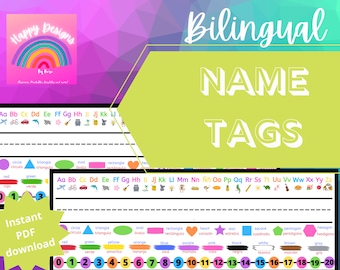 Bilingual Name Tags, Classroom name labels, Dual Language Classroom, Instant PDF Download,