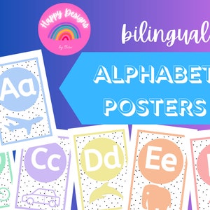 Bilingual Alphabet Posters in Rainbow Pastels Colors, Dual-language Classroom, PDF download