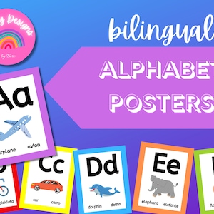Rainbow Colors Bilingual Alphabet Posters, Dual Language Classroom Posters, PDF download
