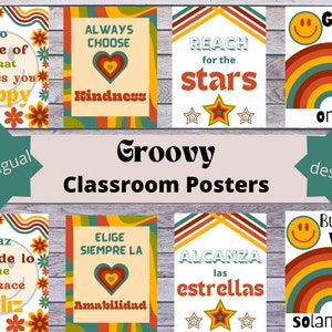 Bilingual Groovy Motivational Classroom Posters, Dual language classroom,