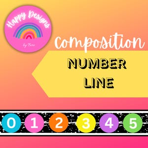 May include: A colorful educational graphic with the text "composition NUMBER LINE". The design features a pink circle with a rainbow and the words "Happy Designs by Bere". Below are numbered circles from 0 to 5.