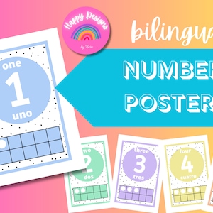 Bilingual Number Posters in Rainbow Pastels Colors, Dual-language classroom, PDF download