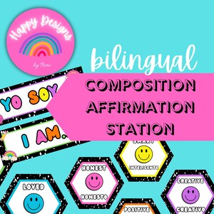 May include: A turquoise background with a pink banner that reads "bilingual COMPOSITION AFFIRMATION STATION." The image includes affirmation cards with phrases like "I AM" and "YO SOY."