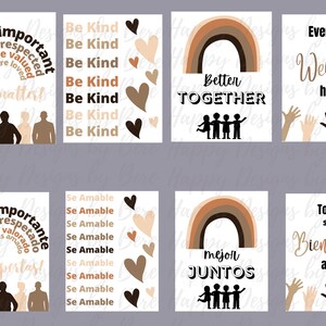 May include: Eight printable posters with positive messages in English and Spanish. The posters feature rainbows, hearts, and silhouettes of people holding hands. The messages include "You are important", "Be Kind", "Better Together", "Everyone is Welcome Here", "Tu eres importante", "Se Amable", "Mejor Juntos", and "Todos son Bienvenidos aqui".