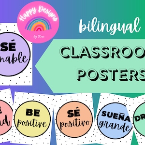 Bilingual Rainbow Pastels Classroom Motivational Posters, Dual-language Classroom, PDF Download