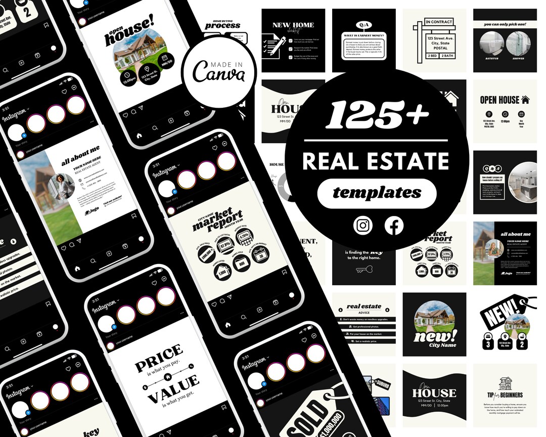 100+ Real Estate Social Media Templates | Black + White Canva Instagram ...