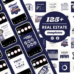 100+ Real Estate Social Media Templates | Blue + White Canva Instagram Templates for Real Estate Agents | Modern Realtor Marketing