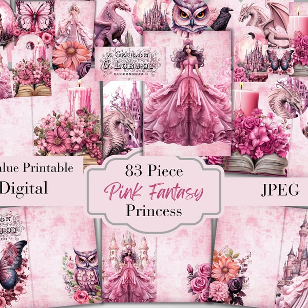 83 Piece Pink Fantasy Princess Junk Journal Kit - Ephemera - Printable - Digital Download - Botanical Embellishments - ATC Cards - JPEG File