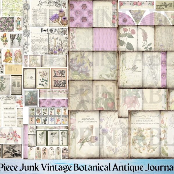 214 Piece Vintage Botanical Floral Antique Junk Journal Kit - Printable Pages - Botany Ephemera - Digital Download - Embellishment - PDF