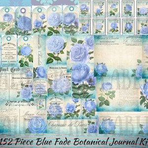 Blue Fade Botanisches Blumen Junk Journal Kit - Druckbare Seiten - Ephemera - Digital Download - Verzierungen - Kostenlose physische kommerzielle Nutzung
