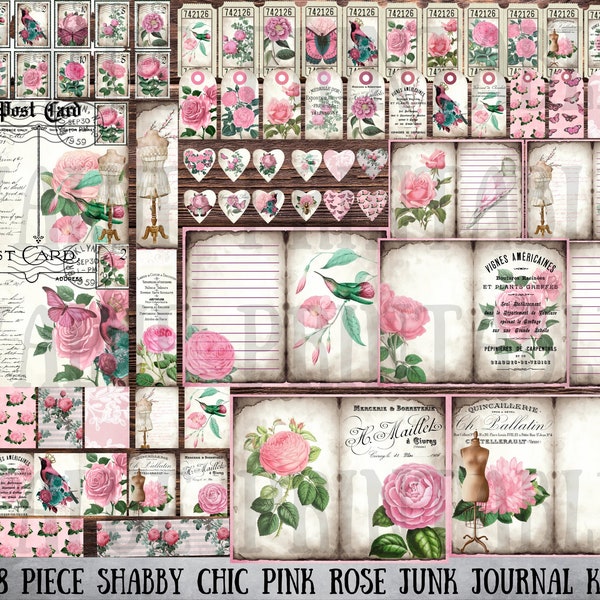 178 Piece Shabby Chic Pink Rose vintage Botanical Junk Journal Kit - Imprimable - Ephemera - Téléchargement numérique - Embellissement - Fichier PDF