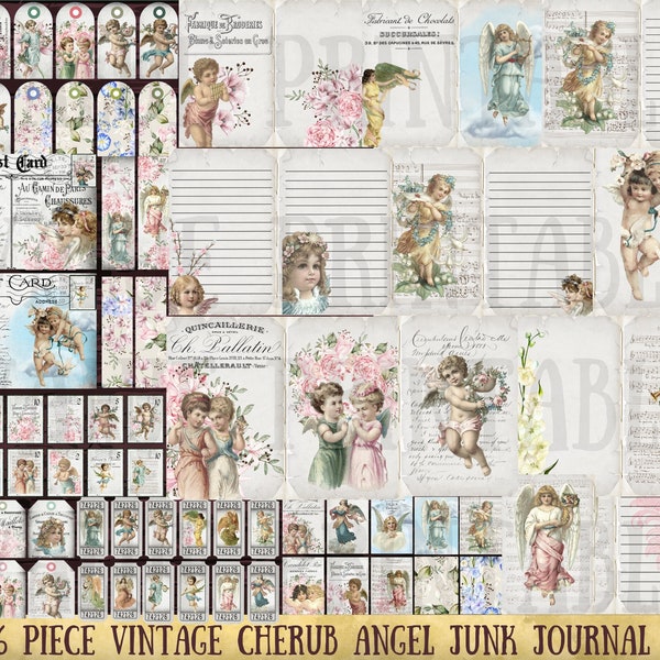 176 Piece Cherub Angel Vintage Botanical Junk Journal Kit - Printable - Ephemera - Digital Download - Embellishments - ATC Cards - PDF