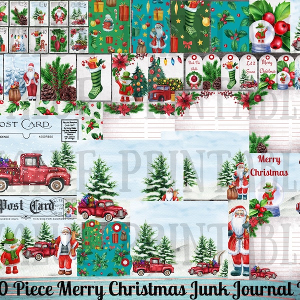 140 Piece Merry Christmas Junk Journal Kit - Printable - Ephemera - Snowman - Digital Download - Embellishments - ATC Cards - PDF File