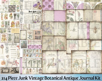 214 Piece Vintage Botanical Floral Antique Junk Journal Kit - Printable Pages - Botany Ephemera - Digital Download - Embellishment - PDF