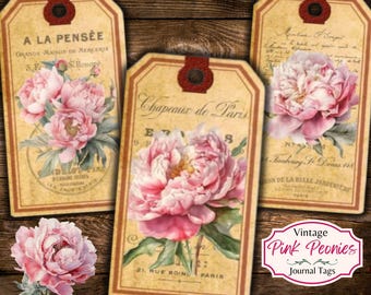 Vintage Pink Peonies Journal Tags: Printable Ephemera (JPG)