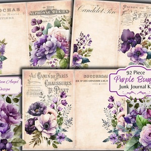 Paarse bloemenboeket junk Journal Kit - Ephemera - Digitale download - Botanisch - ATC - Gratis fysiek commercieel gebruik - JPEG