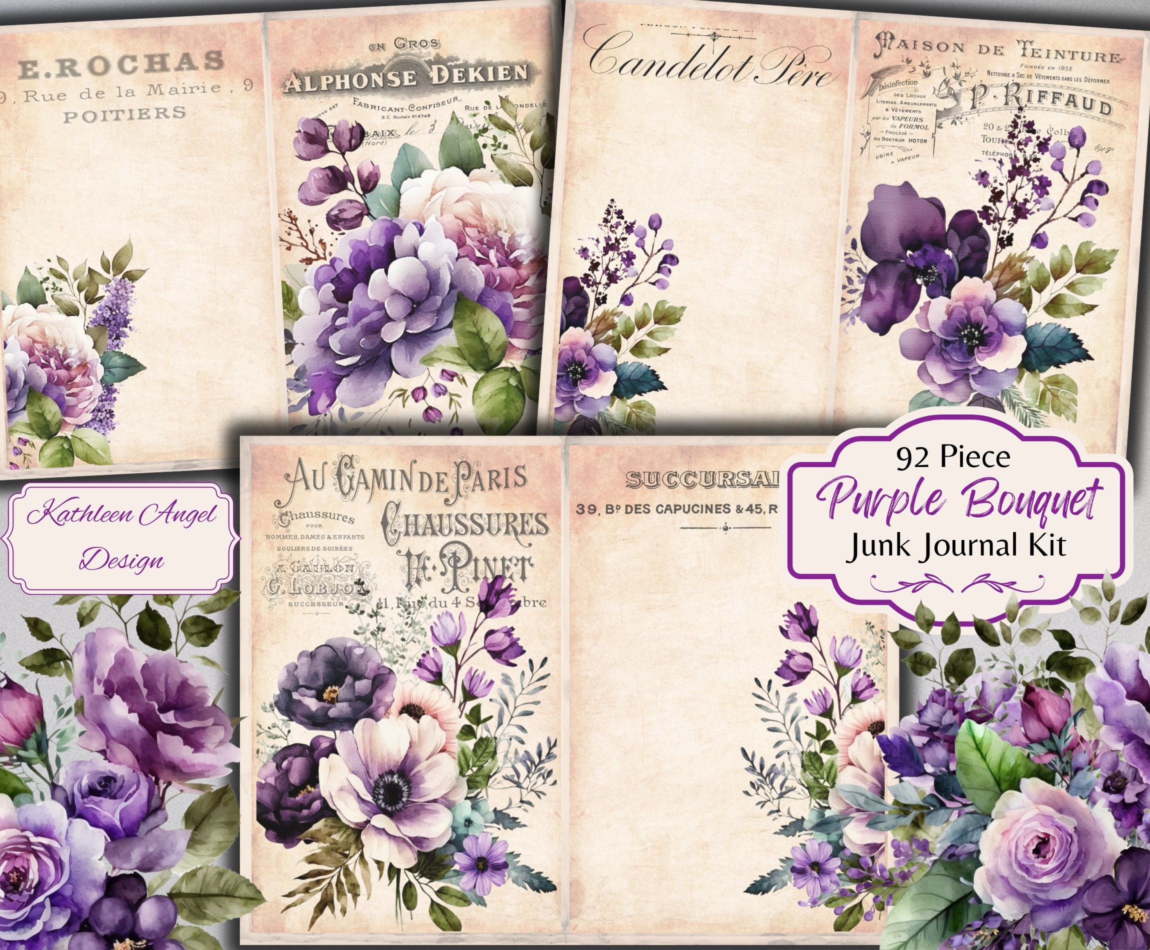 Purple Floral Junk Journal Kit: Vintage Ephemera (digital Download) - Etsy
