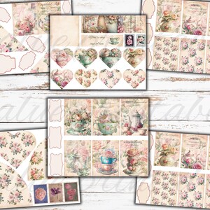 May include: A digital collage sheet with a vintage tea party theme. The sheet includes various images of teacups, teapots, flowers, and other decorative elements. The sheet is perfect for scrapbooking, card making, and other craft projects.