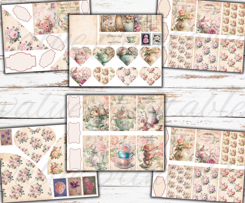May include: A digital collage sheet with a vintage tea party theme. The sheet includes various images of teacups, teapots, flowers, and other decorative elements. The sheet is perfect for scrapbooking, card making, and other craft projects.