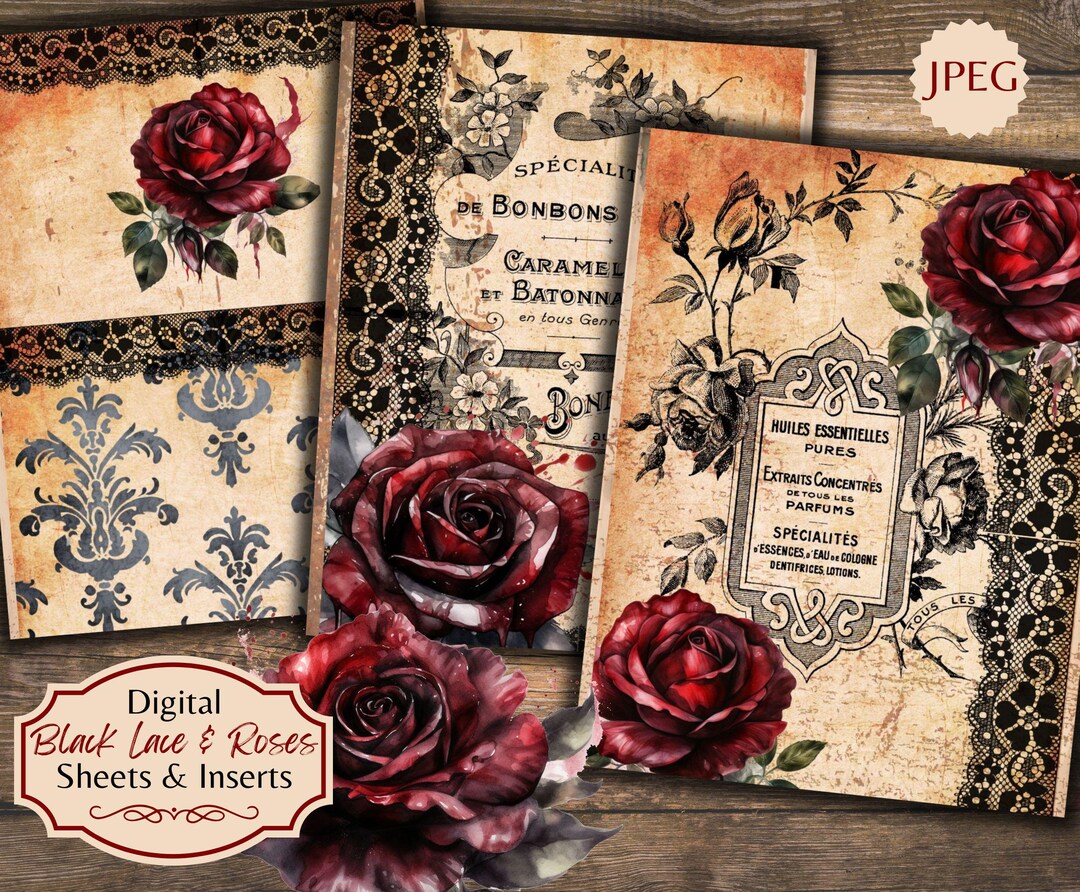 Black Lace Roses Junk Journal Pages: Gothic Floral Collage (digital ...