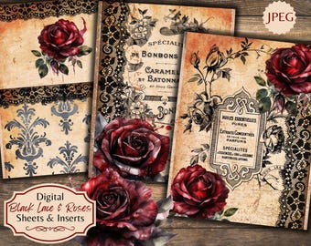 Black Lace Roses Junk Journal-pagina's: gotische bloemencollage (digitale download)