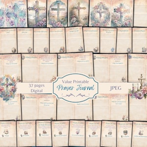 May include: A printable prayer journal with 37 pages featuring watercolor illustrations of crosses, flowers, and landscapes. The journal includes pages for daily, weekly, and specific prayer topics.