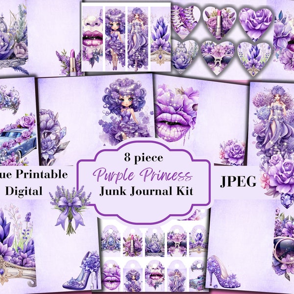 68  Piece Purple Princess Floral Botanical Junk Journal Kit - Lavender Ephemera - Digital Download Insert- Embellishments - JPEG File