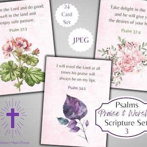 Série de louvor e adoração floral Salmos 3 cartões de versículos bíblicos - Ephemera da fé cristã - ATC - Digital - Uso comercial físico gratuito