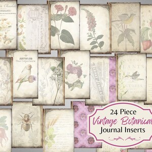 Puede incluir: Un conjunto de 24 insertos de diario bot&aacute;nicos vintage con ilustraciones florales, p&aacute;jaros e insectos. Los insertos est&aacute;n impresos en papel envejecido con un aspecto desgastado. El texto en los insertos incluye "Parfums Orien", "Anatomy Plants" y "Botany".