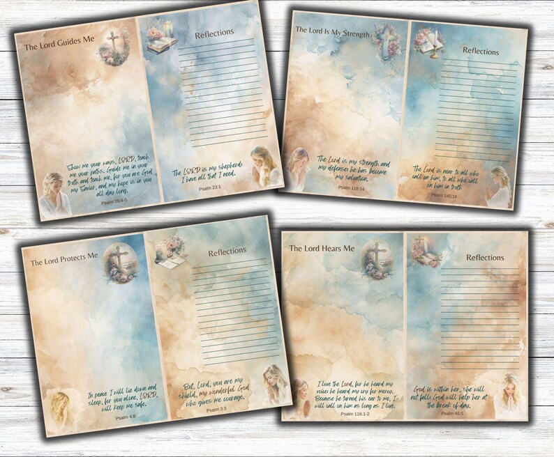 Peut inclure: Quatre pages imprimables avec des arri&egrave;re-plans aquarelle et des citations inspirantes sur le Seigneur. Chaque page pr&eacute;sente une citation diff&eacute;rente de la Bible, comme "L'&Eacute;ternel est mon berger : je ne manquerai de rien." et "L'&Eacute;ternel est ma force et mon bouclier : il est devenu mon salut."