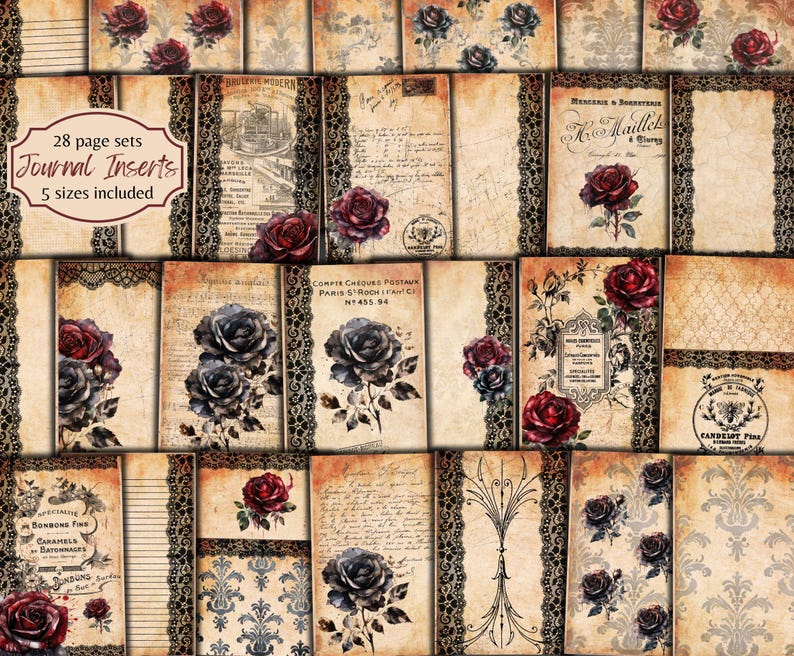 Black Lace Roses Junk Journal Pages: Gothic Floral Collage (digital ...