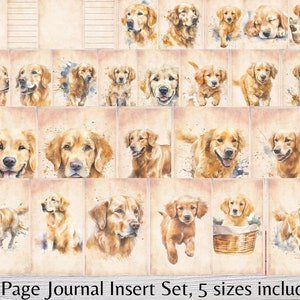 Pu&ograve; includere: Un set di 29 pagine di diario stampabili con illustrazioni ad acquerello di golden retriever in varie pose. Le pagine sono progettate per l'uso in un diario o un planner e sono disponibili in cinque diverse dimensioni.