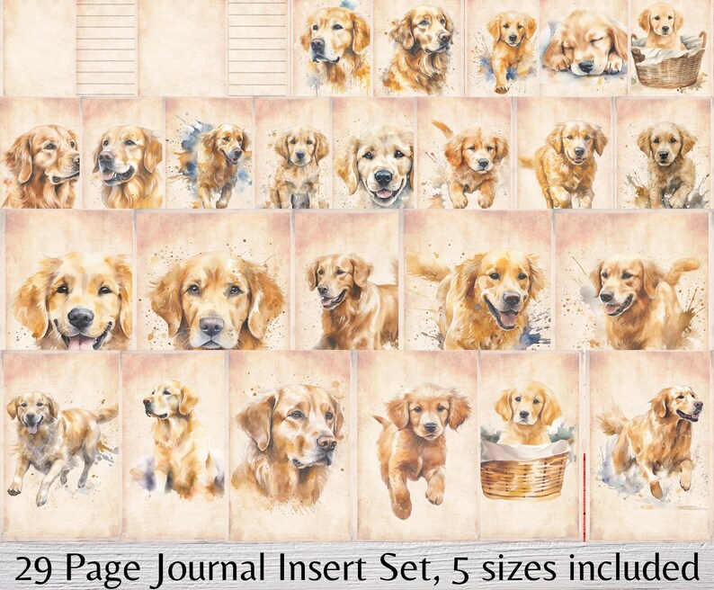 Pu&ograve; includere: Un set di 29 pagine di diario stampabili con illustrazioni ad acquerello di golden retriever in varie pose. Le pagine sono progettate per l'uso in un diario o un planner e sono disponibili in cinque diverse dimensioni.