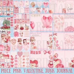 Pink Valentine Heart Junk Journal Kit - Druckbar - Florale Ephemera - Digital - Verzierungen - ATC - PDF - Kostenlose physische kommerzielle Nutzung
