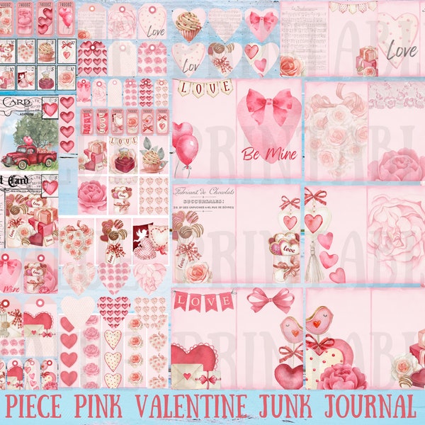 210 Piece Pink Valentine Heart Junk Journal Kit - Printable - Floral Ephemera - Digital Download - Embellishments - ATC Cards - PDF File