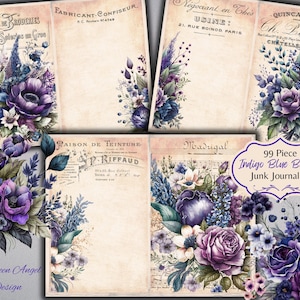 Indigoblauw bloemenboeket junk Journal Kit - kortstondig - digitaal - botanisch - ATC - JPG - gratis fysiek commercieel gebruik